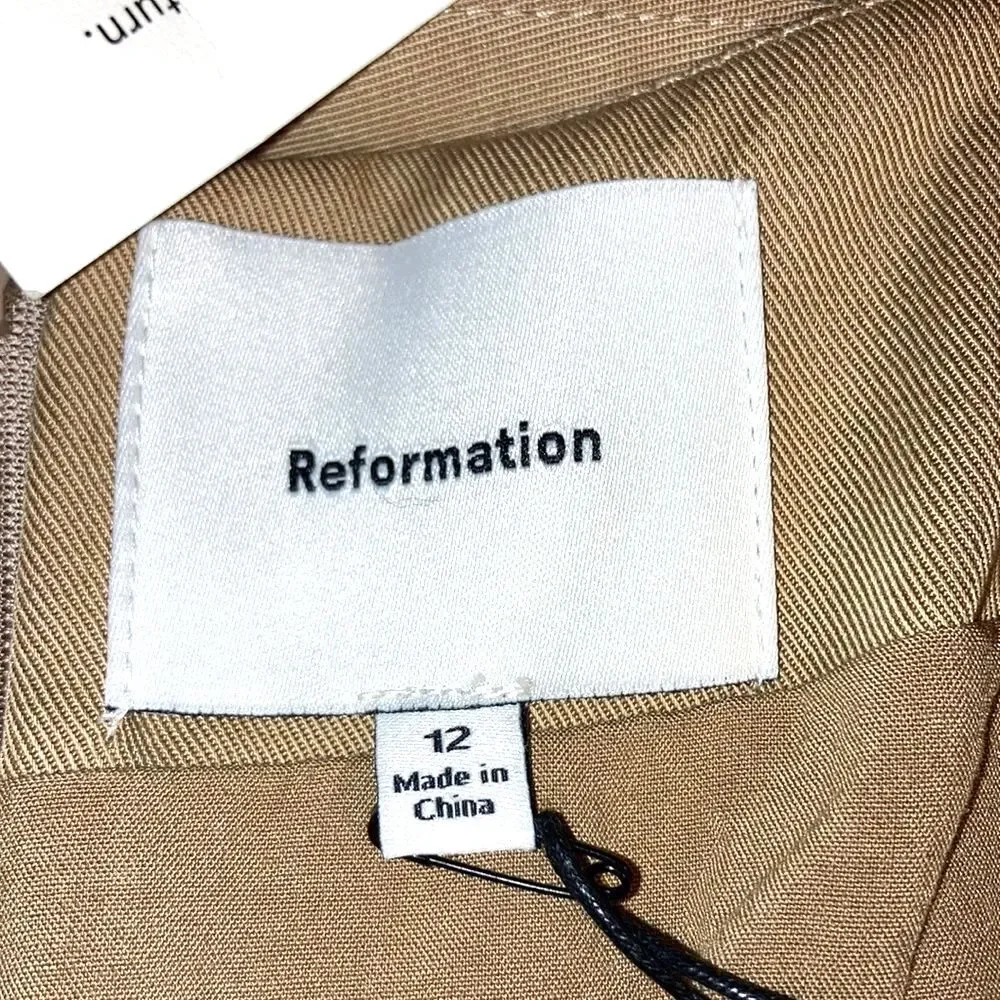 REFORMATION Brinley Belted Pleated Cargo Skirt Khaki Belt Pockets Zipper Size 12